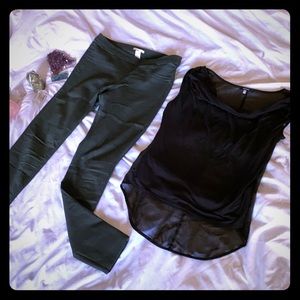 Army green jeggings with black crowl neck top
